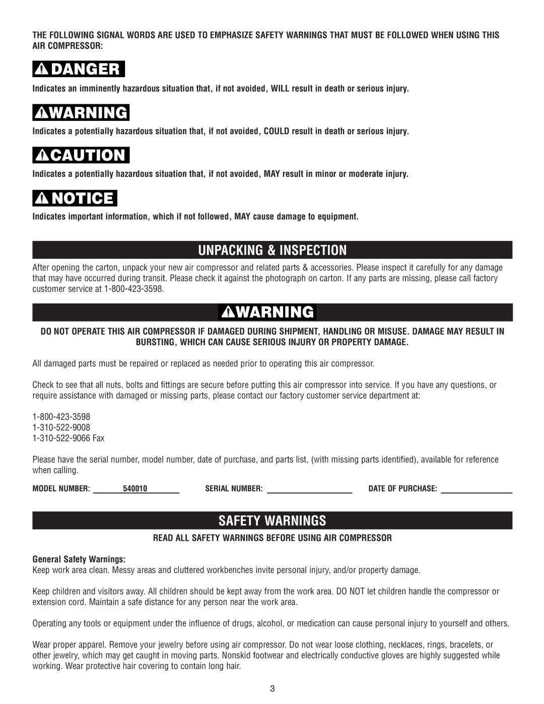 AllTrade 540010 Unpacking & Inspection, Safety Warnings, BURSTING, Which can Cause Serious Injury or Property Damage 