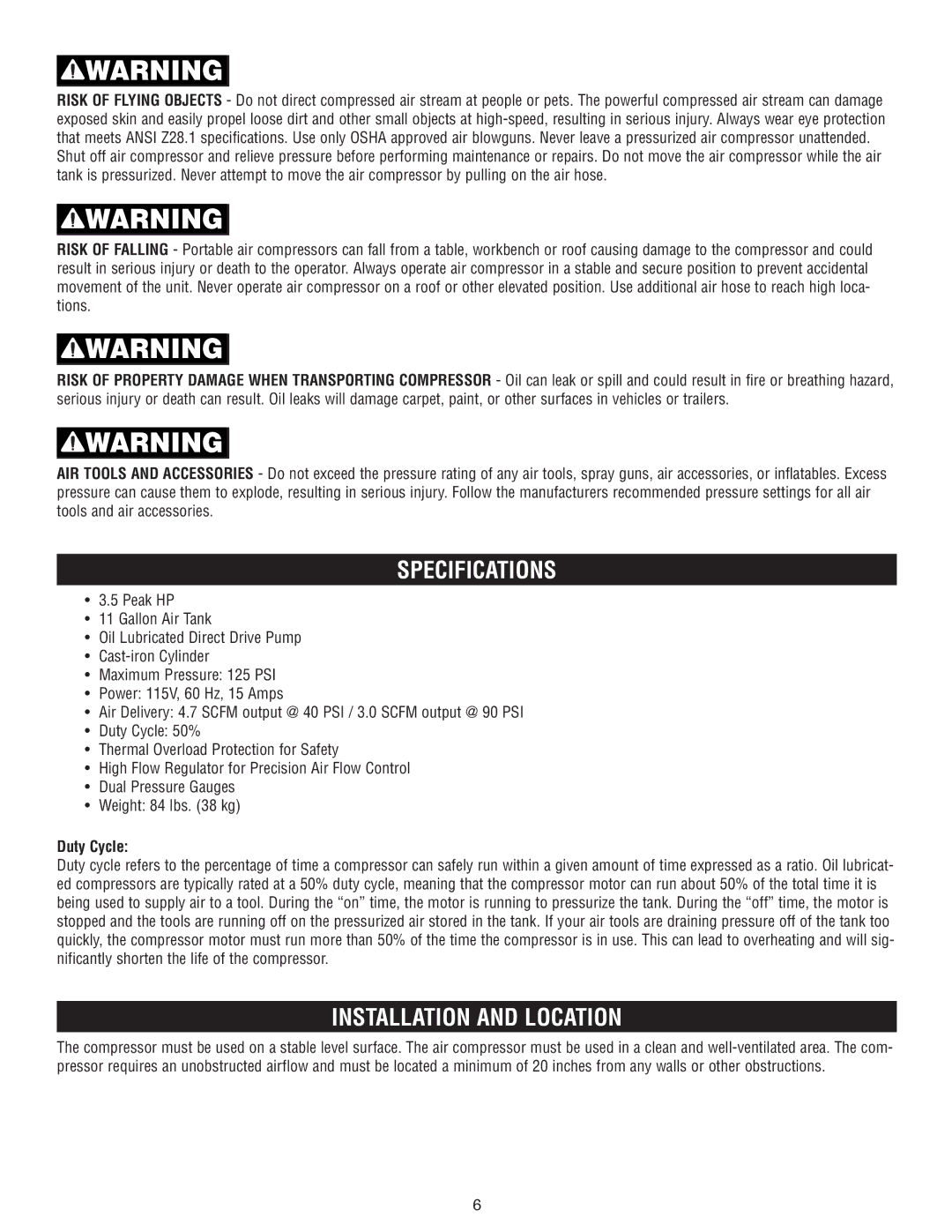 AllTrade 540010 instruction manual Specifications, Installation and Location, Duty Cycle 