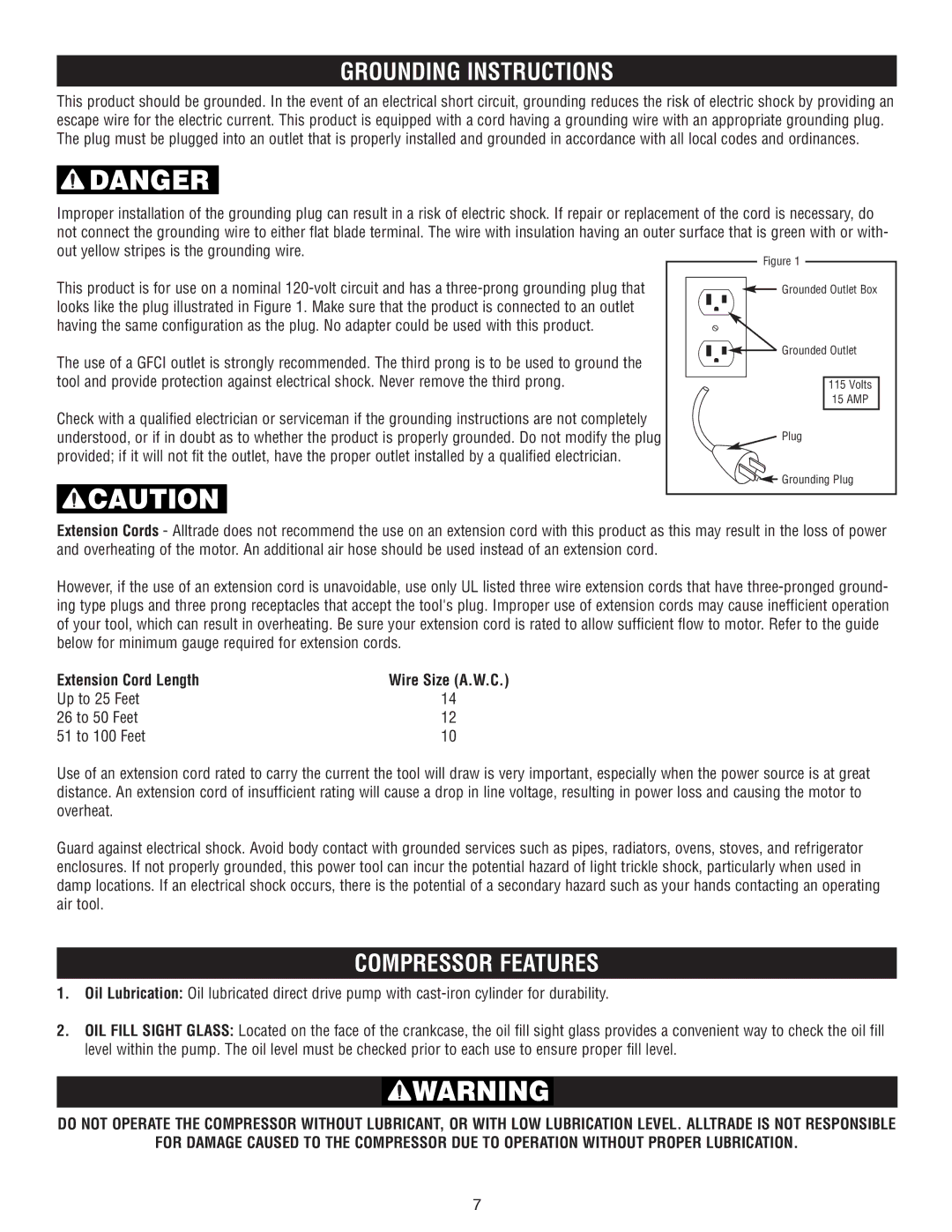 AllTrade 540010 instruction manual Grounding Instructions, Compressor Features, Extension Cord Length 