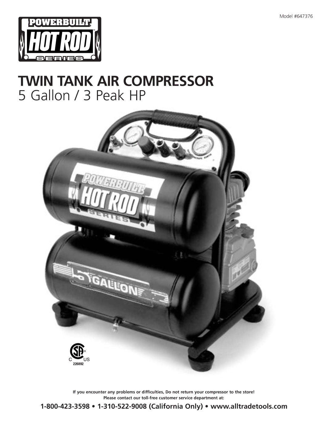 AllTrade 647376 manual Twin Tank AIR Compressor 