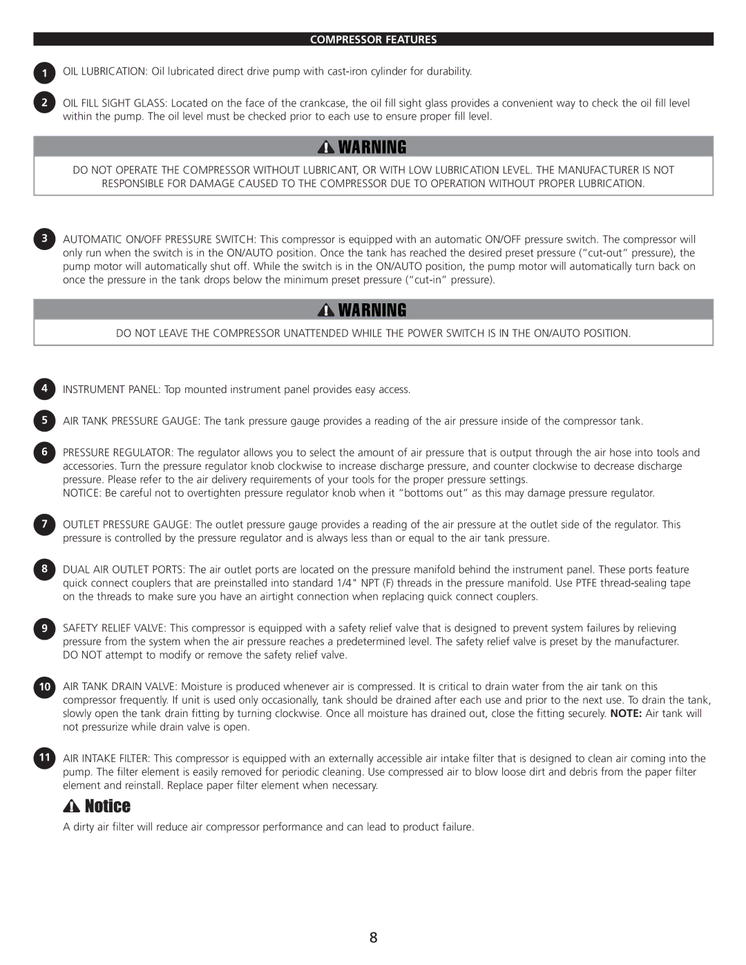 AllTrade 647376 manual Compressor Features 