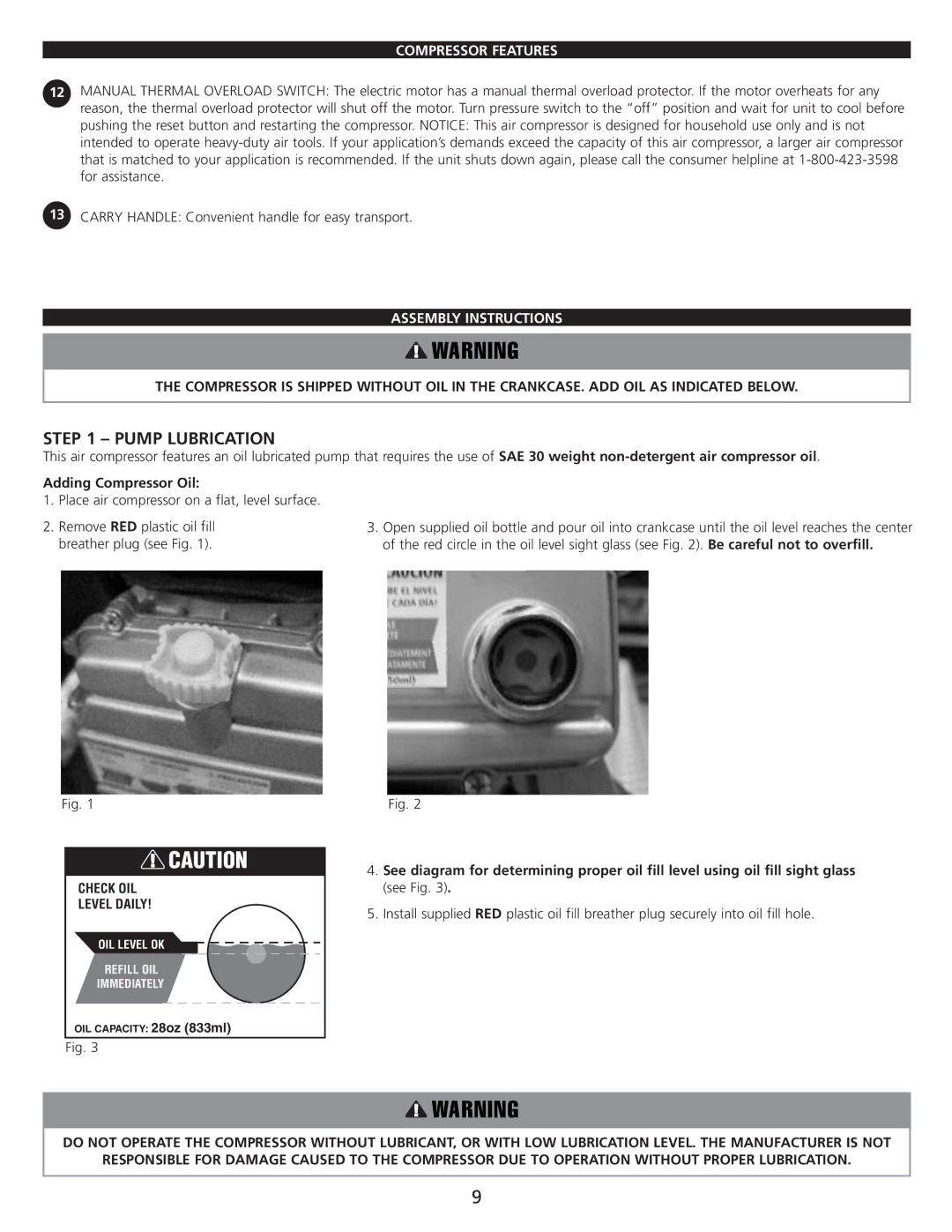 AllTrade 647376 manual Pump Lubrication, Assembly Instructions, Adding Compressor Oil 