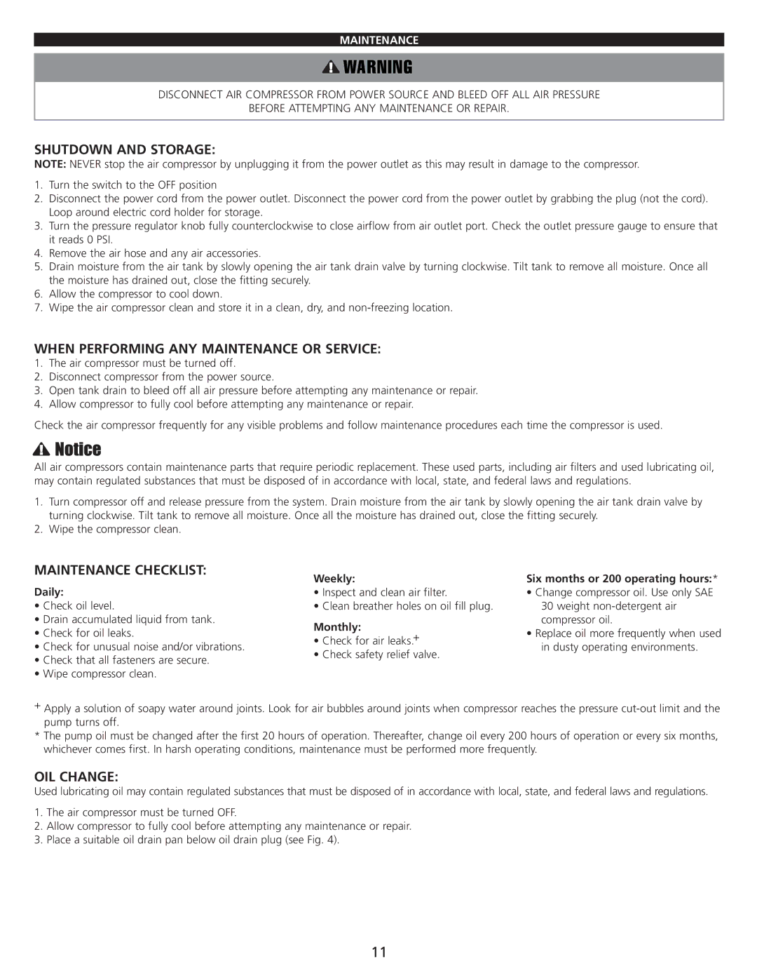 AllTrade 647376 manual Shutdown and Storage, When Performing ANY Maintenance or Service, Maintenance Checklist, OIL Change 