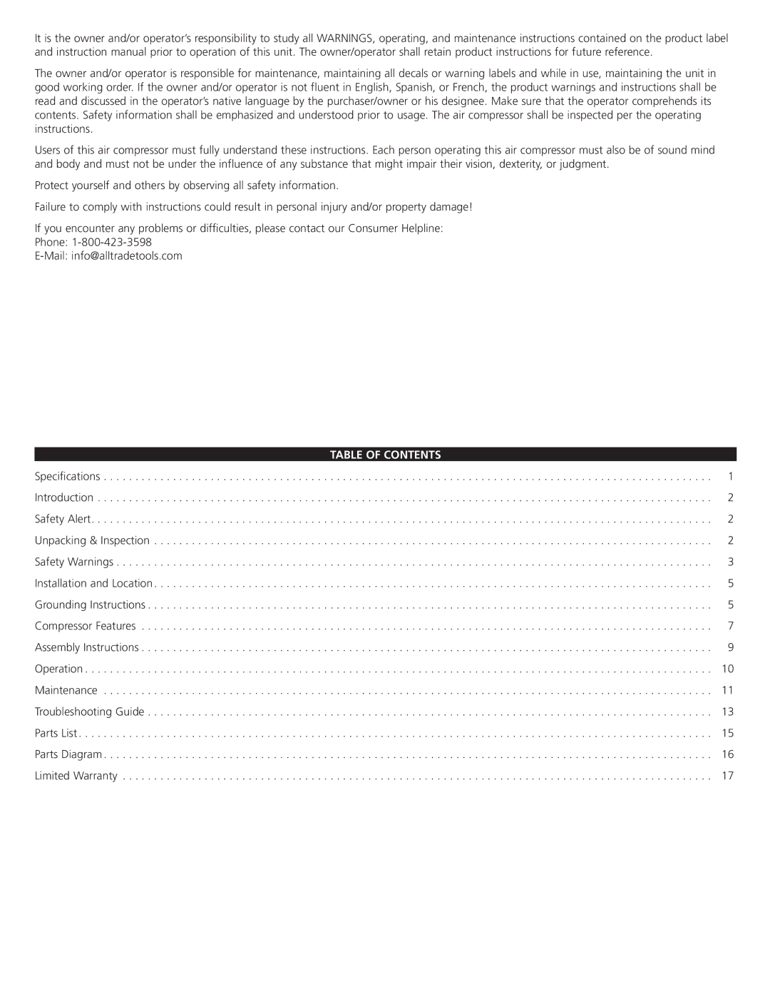 AllTrade 647376 manual Table of Contents 