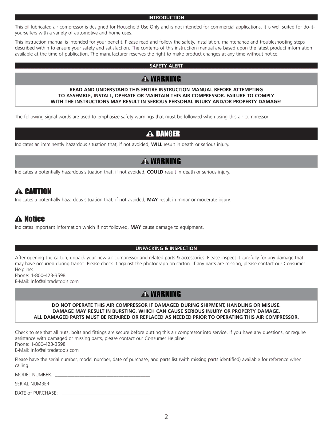 AllTrade 647376 manual Introduction, Safety Alert, Unpacking & Inspection 