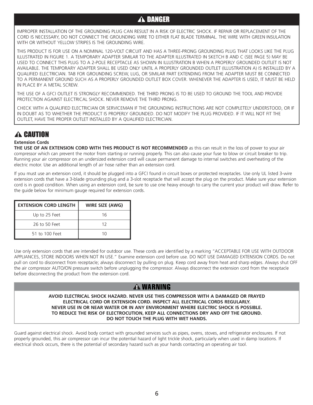 AllTrade 647376 manual Extension Cord Length Wire Size AWG, Compressor Features 