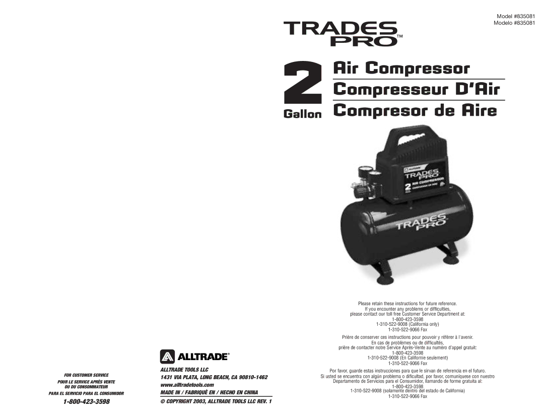 AllTrade 835081 manual Air Compressor Compresseur D’Air Gallon Compresor de Aire 