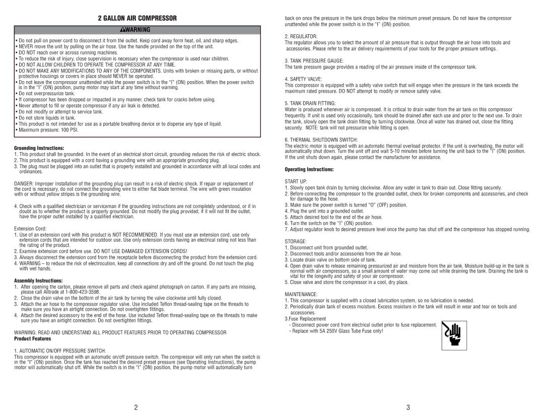 AllTrade 835081 manual Grounding Instructions, Assembly Instructions, Product Features, Operating Instructions 