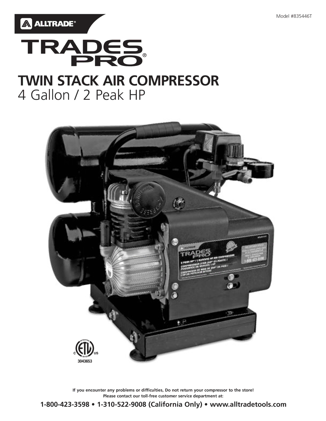 AllTrade 835446 manual Twin Stack AIR Compressor 