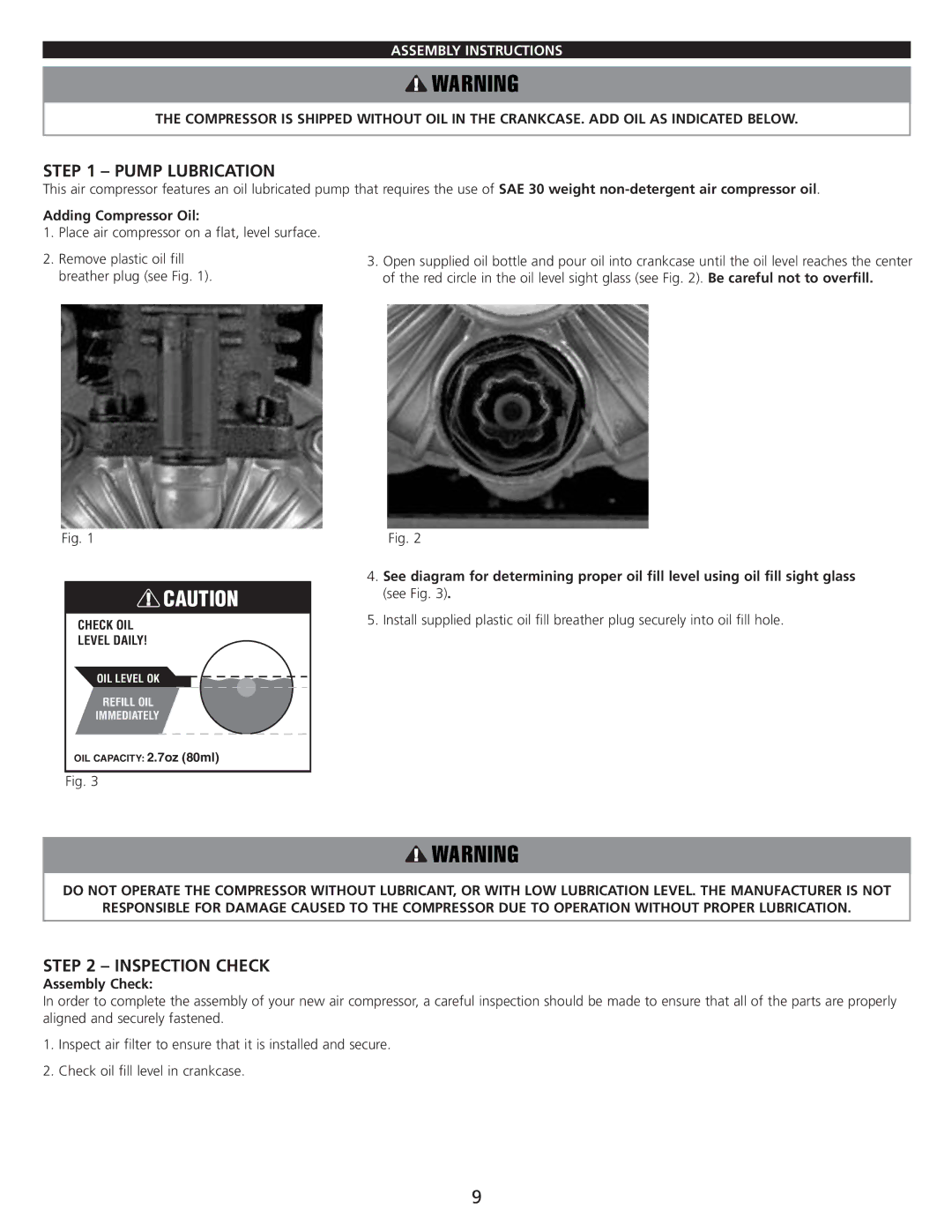 AllTrade 835446 manual Pump Lubrication, Inspection Check, Assembly Instructions, Adding Compressor Oil, Assembly Check 