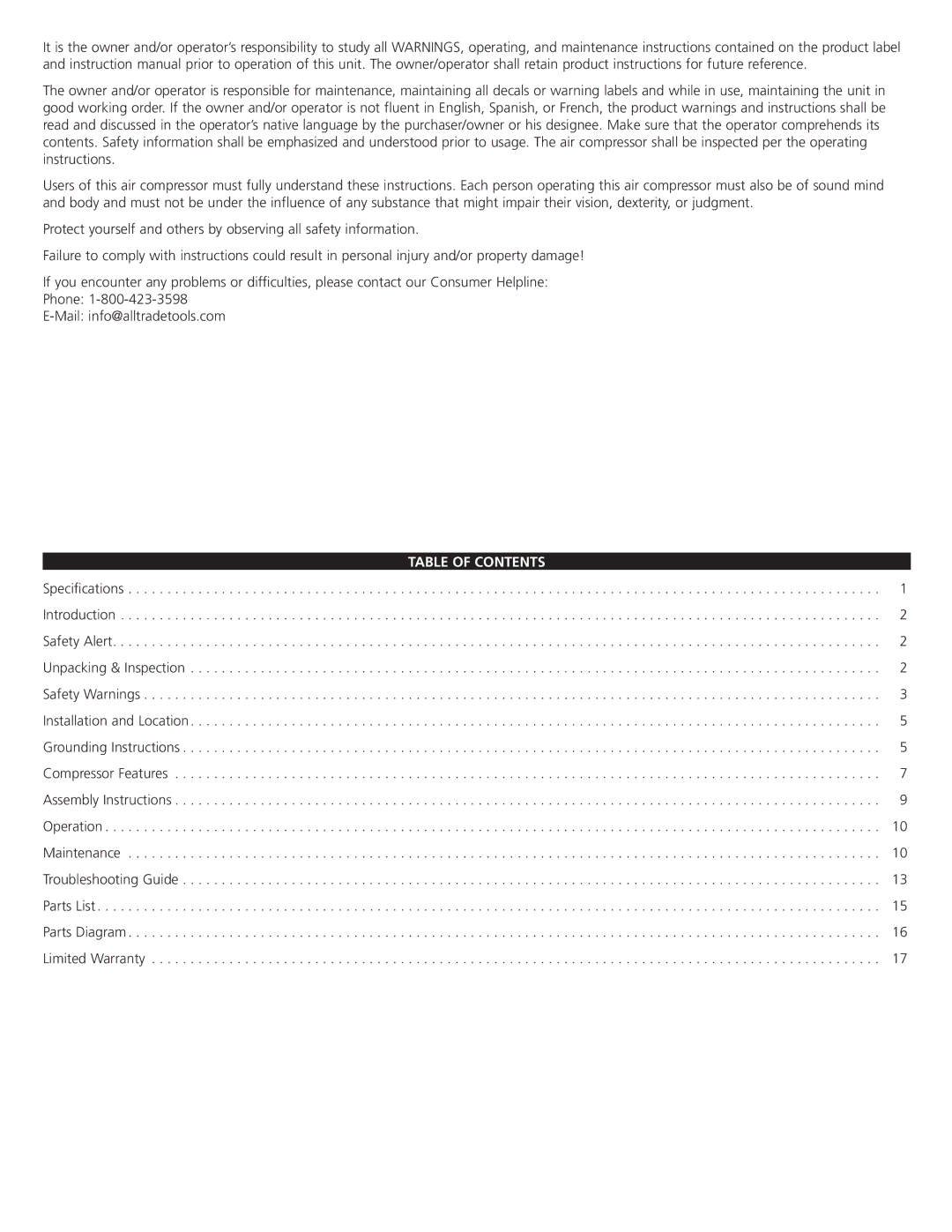 AllTrade 835446 manual Table of Contents 