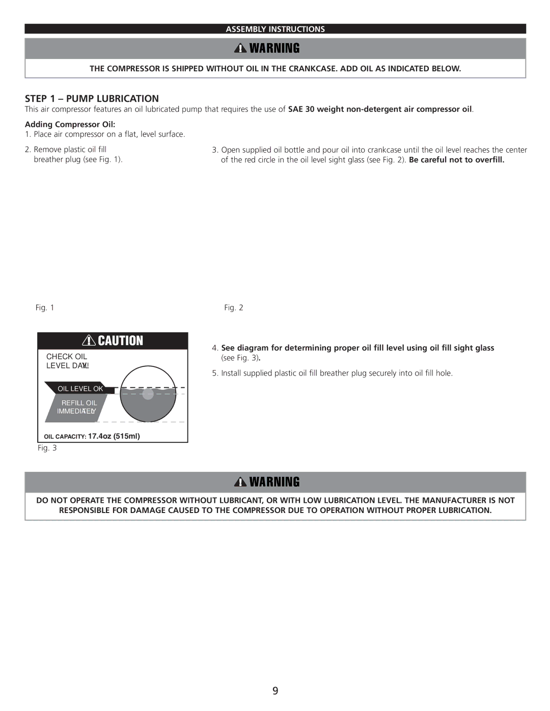 AllTrade 835521 manual Pump Lubrication, Assembly Instructions, Adding Compressor Oil 