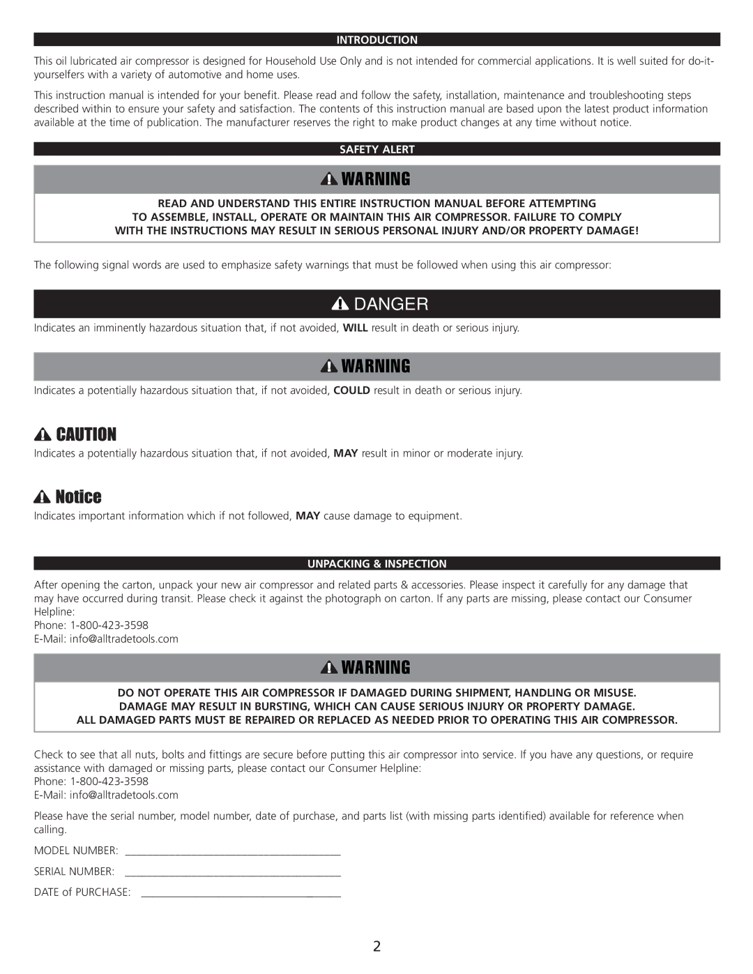 AllTrade 835521 manual Introduction, Safety Alert, Unpacking & Inspection 