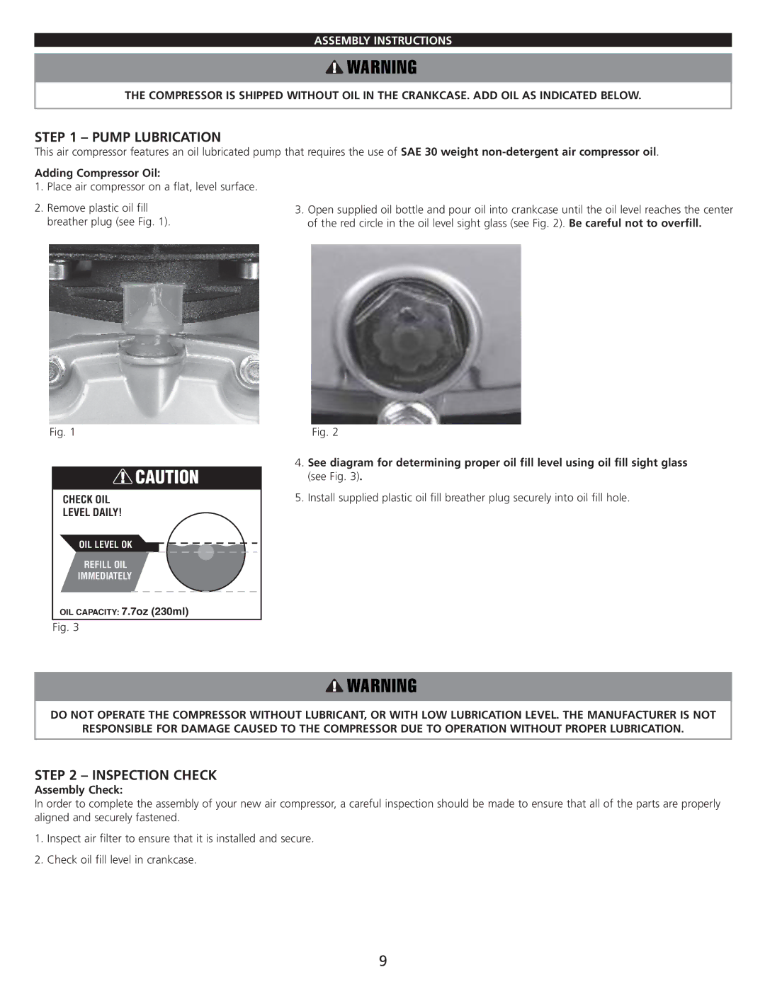 AllTrade 835533 manual Pump Lubrication, Inspection Check, Assembly Instructions, Adding Compressor Oil, Assembly Check 