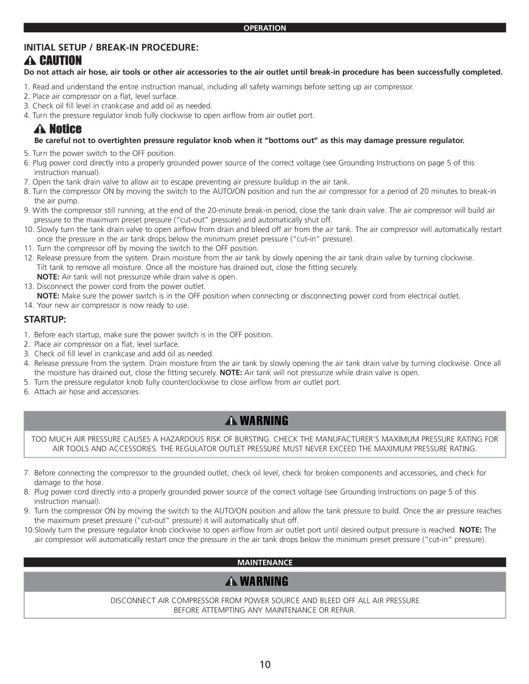 AllTrade 835533 manual Initial Setup / BREAK-IN Procedure, Startup, Operation, Maintenance 