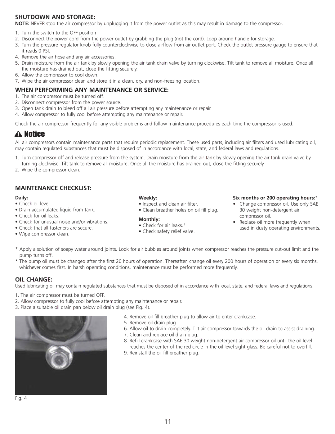 AllTrade 835533 manual Shutdown and Storage, When Performing ANY Maintenance or Service, Maintenance Checklist, OIL Change 