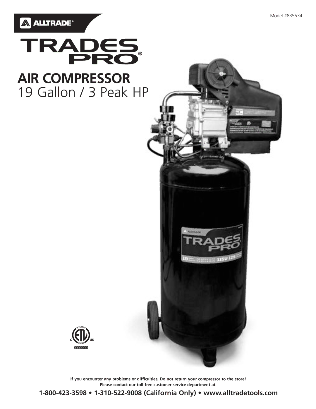 AllTrade 835534 manual AIR Compressor 