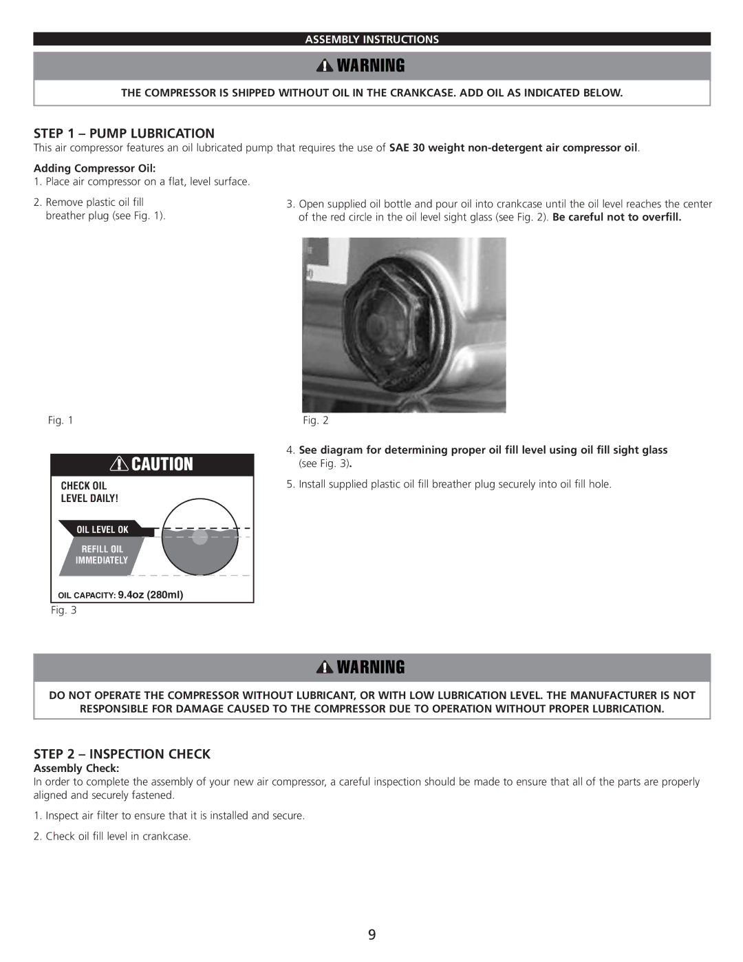 AllTrade 835534 manual Pump Lubrication, Inspection Check, Assembly Instructions, Adding Compressor Oil, Assembly Check 