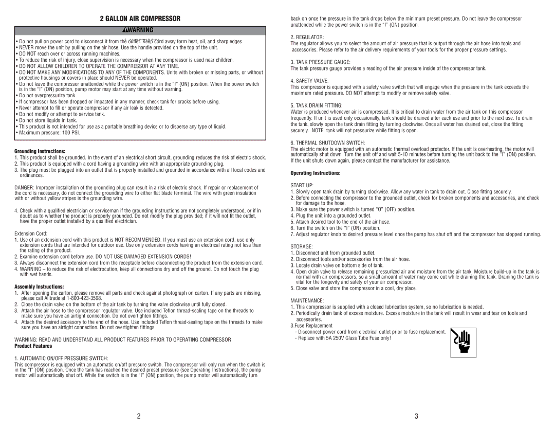 AllTrade 835579 manual Grounding Instructions, Assembly Instructions, Product Features, Operating Instructions 