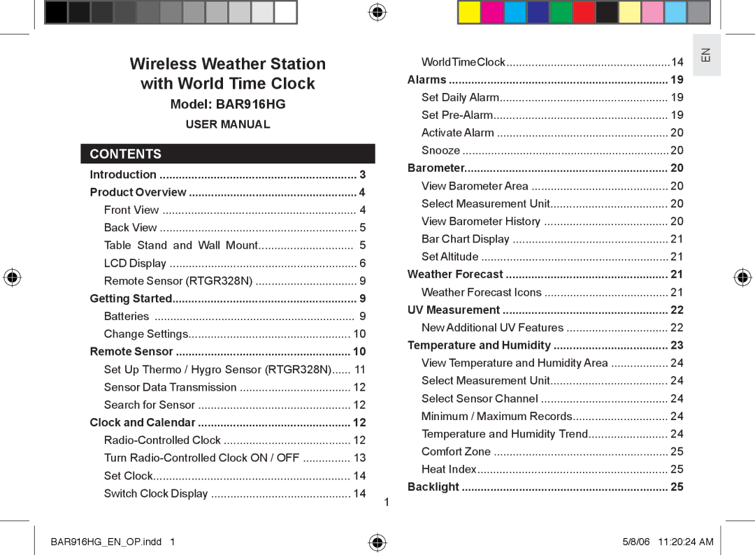 AllTrade BAR916HG user manual Wireless Weather Station With World Time Clock, Contents 