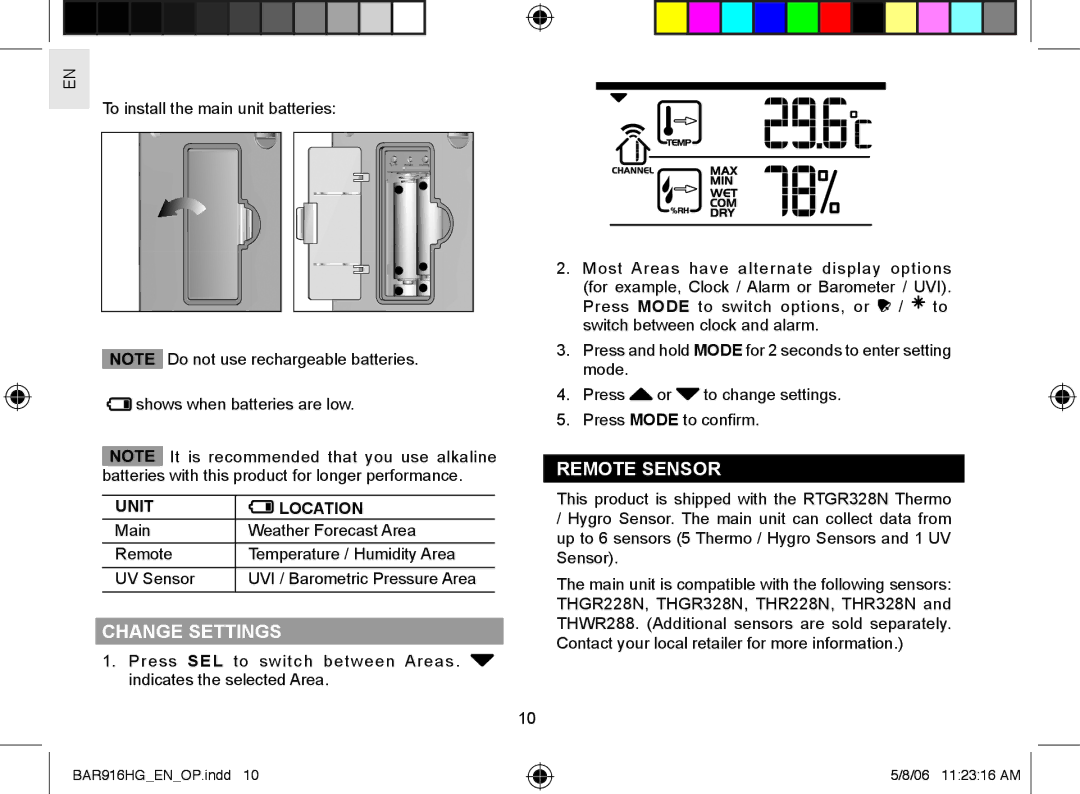 AllTrade BAR916HG user manual Change Settings, Remote Sensor, Unit Location 