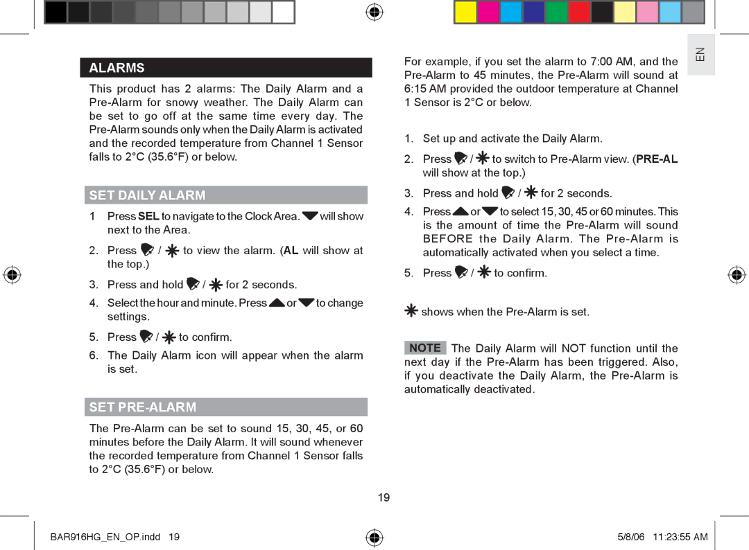 AllTrade BAR916HG user manual Alarms, SET Daily Alarm, Set Pre-Alarm 