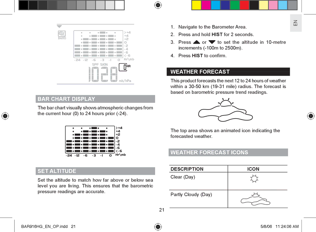 AllTrade BAR916HG user manual BAR Chart Display, Weather Forecast Icons SET Altitude 