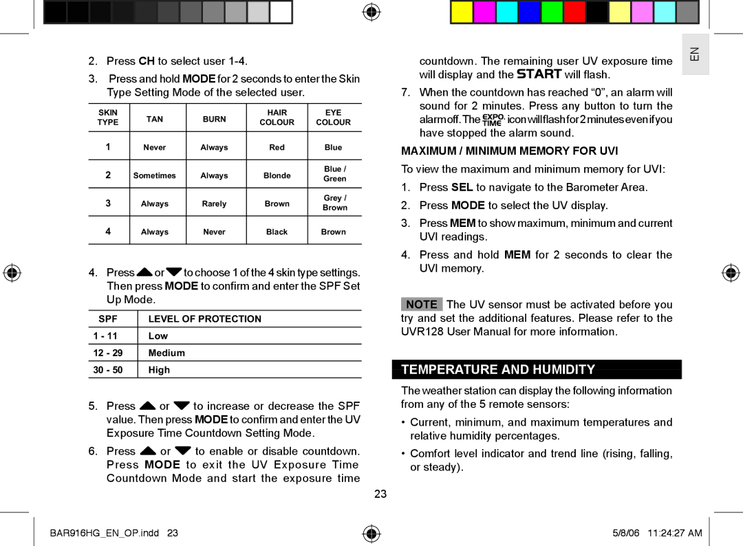 AllTrade BAR916HG user manual Temperature and Humidity, Maximum / Minimum Memory for UVI 