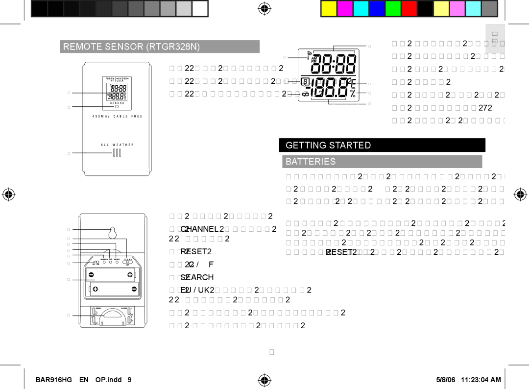 AllTrade BAR916HG user manual Remote Sensor RTGR328N, Getting Started Batteries, Reset, Search 