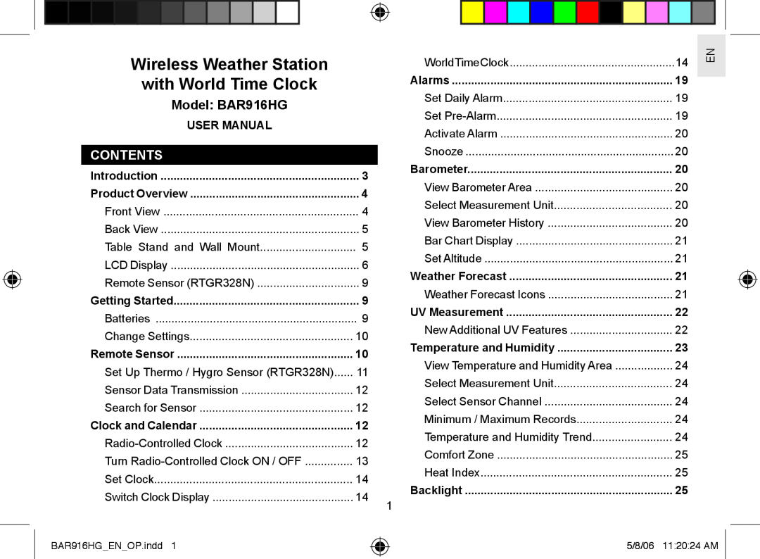 AllTrade user manual Contents, Wireless Weather Station with World Time Clock, Model BAR916HG 