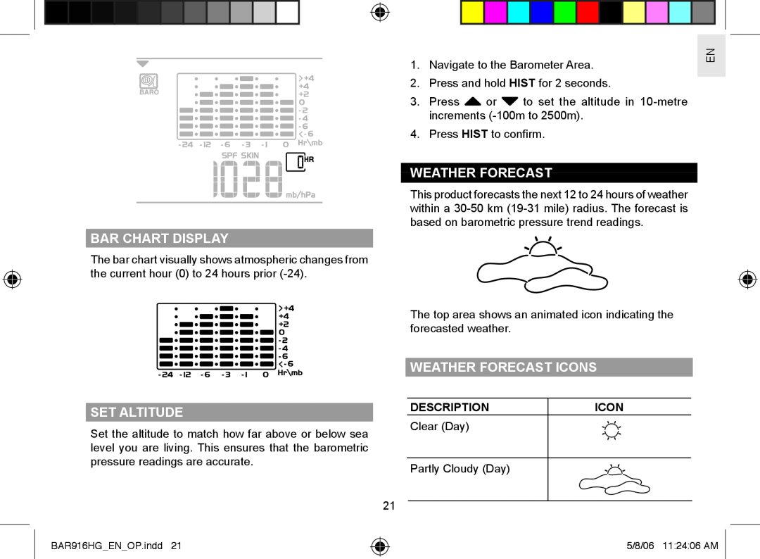 AllTrade BAR916HG user manual Bar Chart Display, Weather Forecast Icons, Set Altitude 