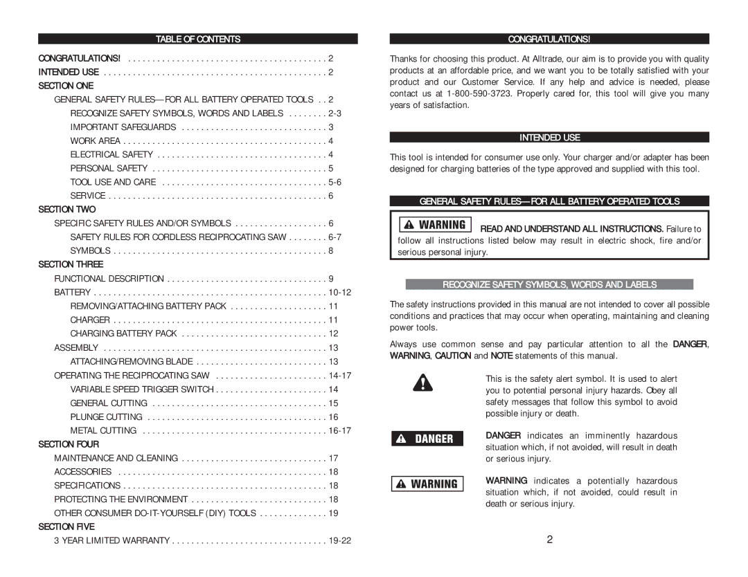 AllTrade COMPONENT #690551-1HR instruction manual Table of Contents, Congratulations, Intended USE 