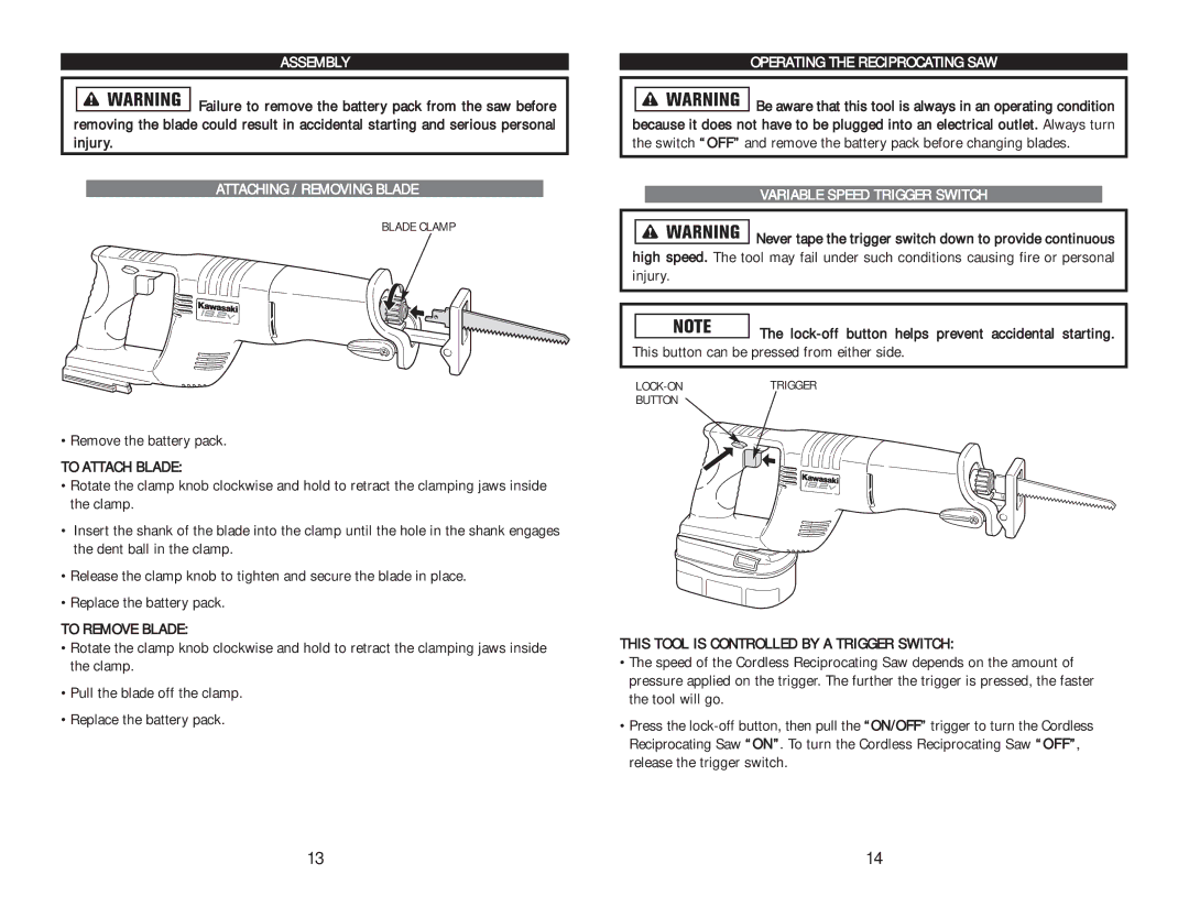 AllTrade COMPONENT #690551-1HR instruction manual Assembly, Attaching / Removing Blade, Operating the Reciprocating SAW 