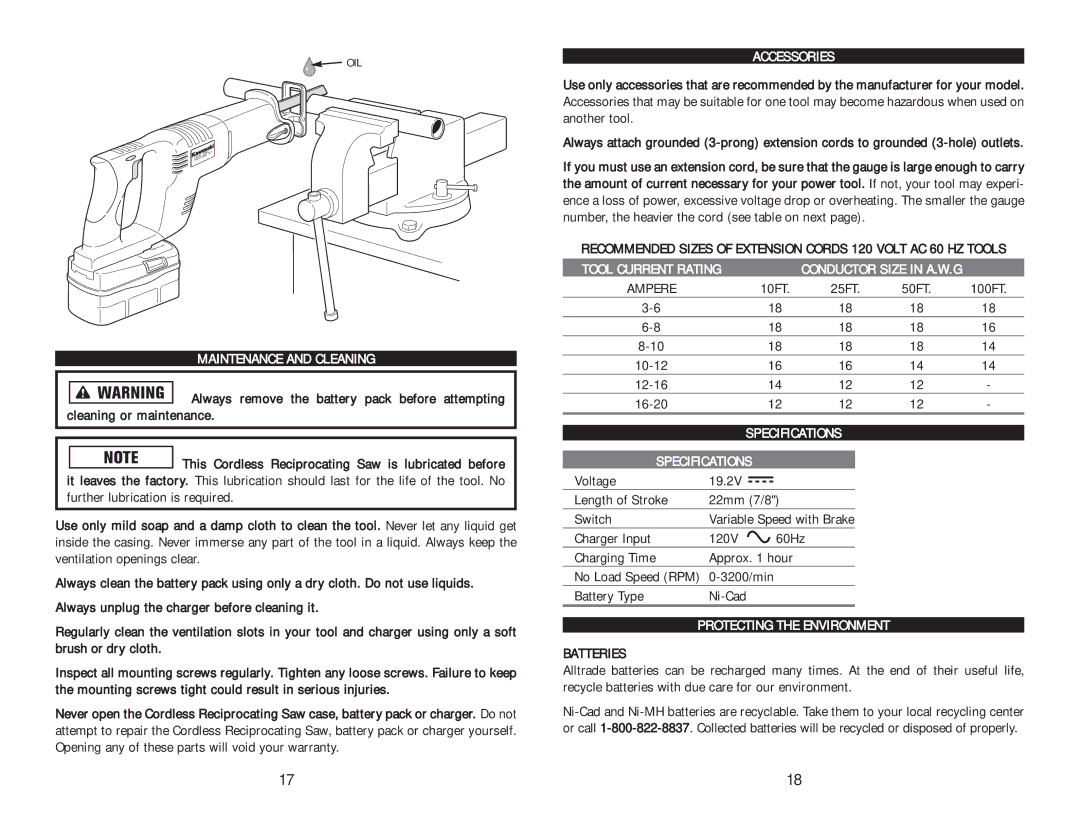 AllTrade COMPONENT #690551-1HR Maintenance and Cleaning, Accessories, Specifications, Protecting the Environment 