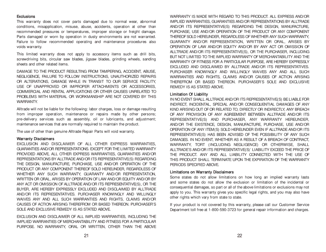 AllTrade COMPONENT #690551-1HR instruction manual Exclusions, Limitation Of Liability, Limitations on Warranty Disclaimers 