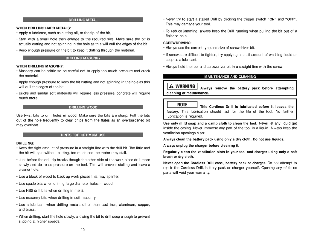 AllTrade COMPONENT #690551-1HR instruction manual Drilling Metal, Drilling Masonry, Drilling Wood, Hints for Optimum USE 