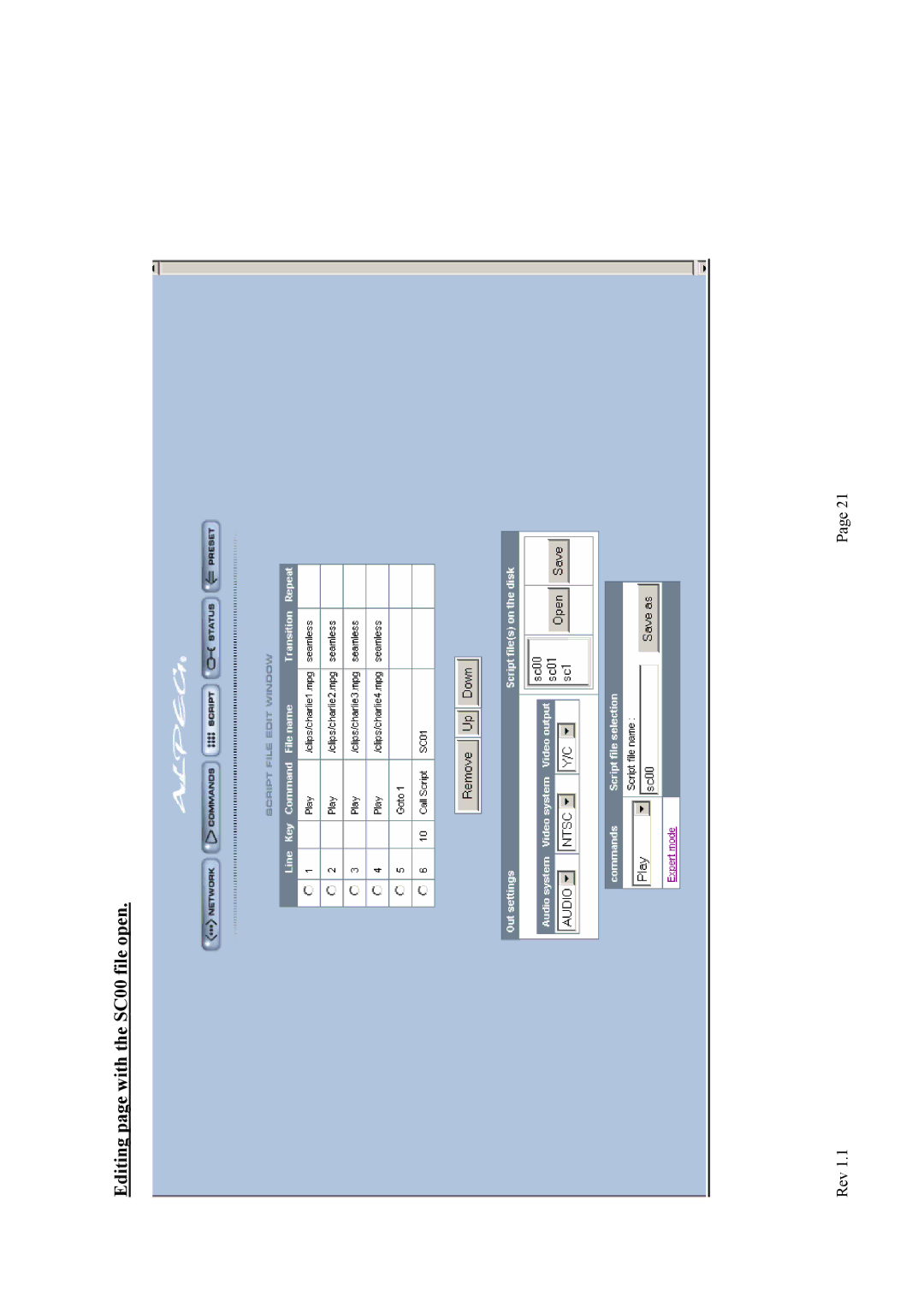 Alpes USA MP615/MP107 manual Editing page with the SC00 file open 