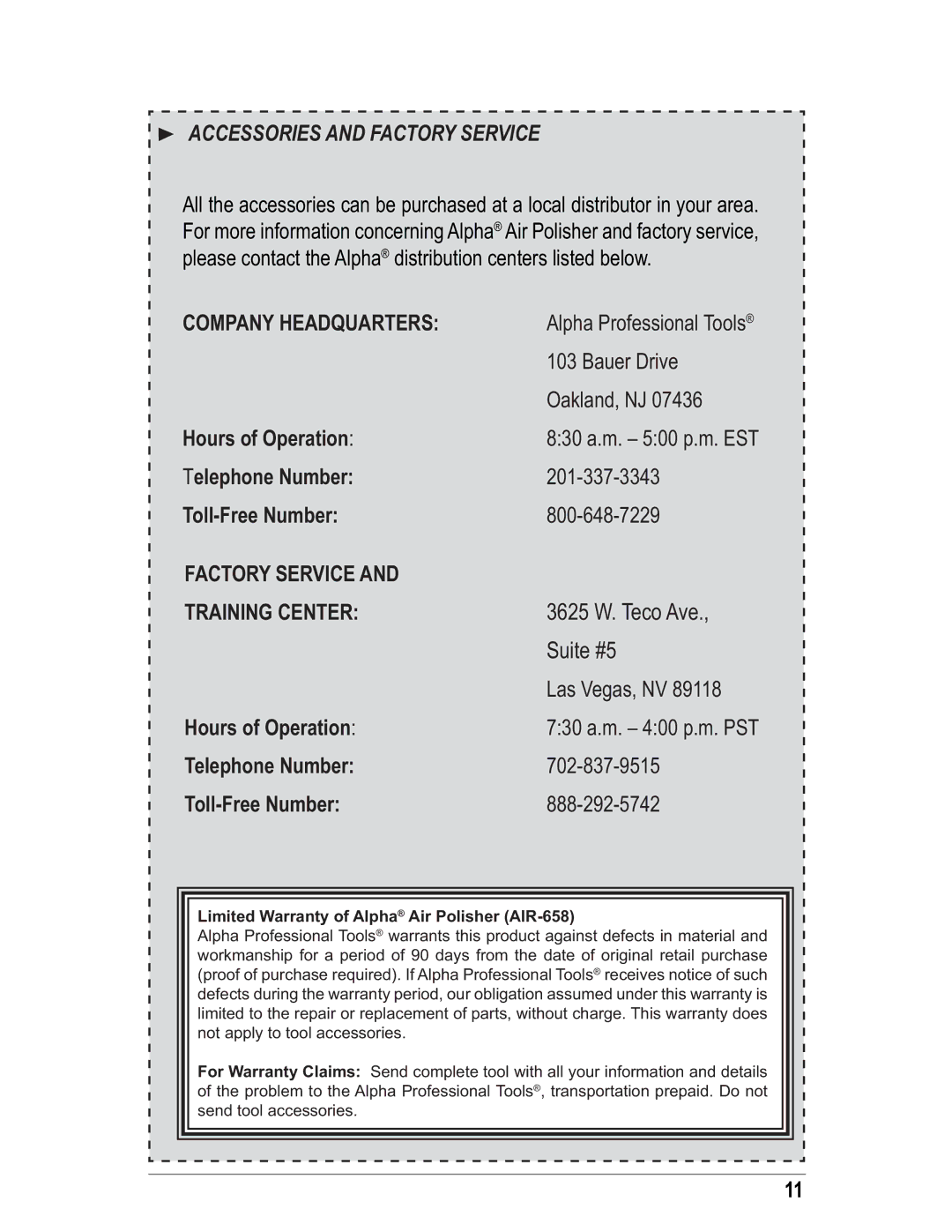 Alpha Tool.Com.HK Limited AIR-658 instruction manual Accessories and Factory Service, Company Headquarters 