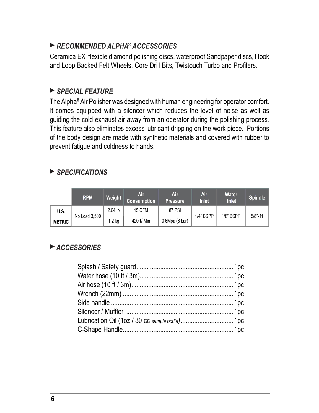 Alpha Tool.Com.HK Limited AIR-658 instruction manual Recommended Alpha Accessories, Special Feature, Specifications 