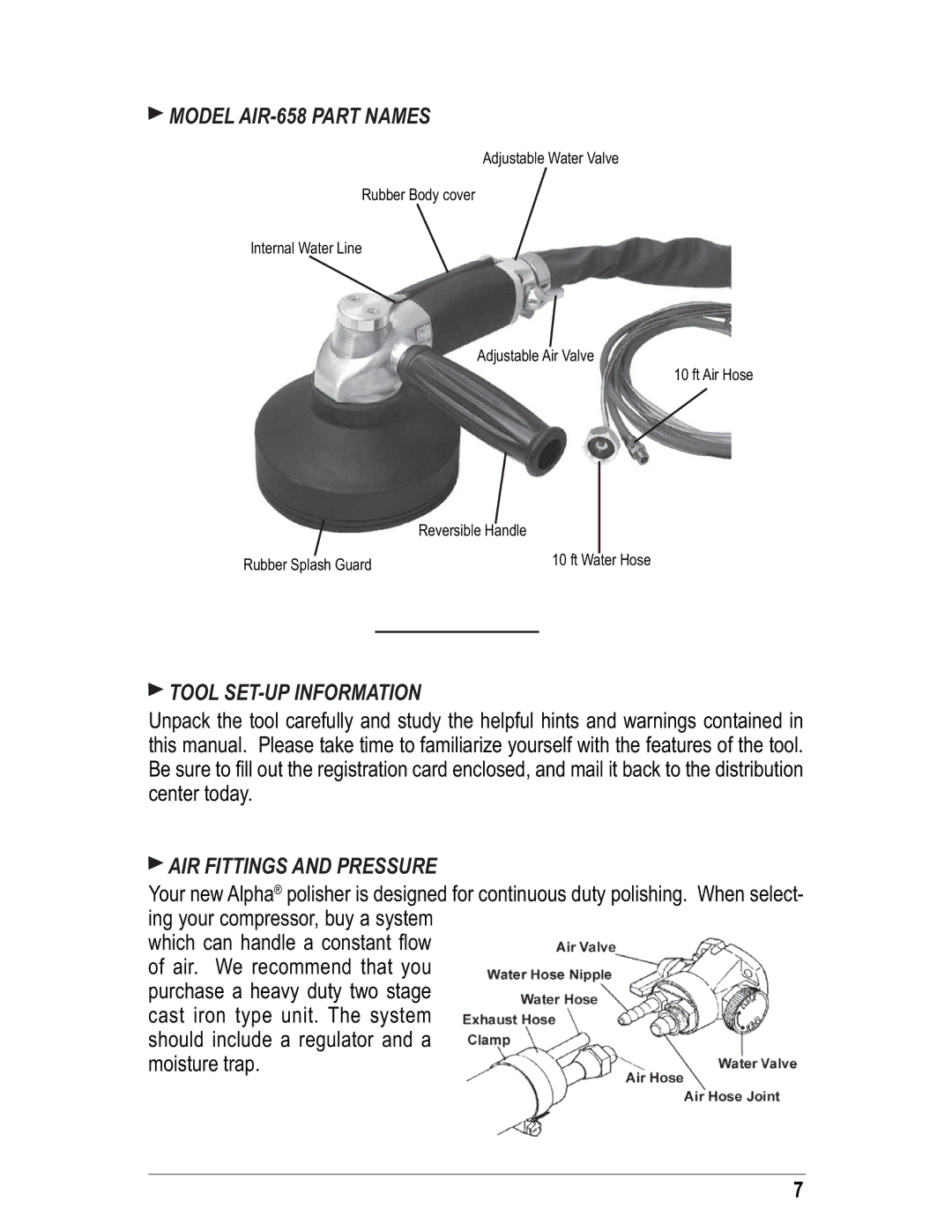 Alpha Tool.Com.HK Limited Model AIR-658 Part Names, Tool SET-UP Information, AIR Fittings and Pressure 