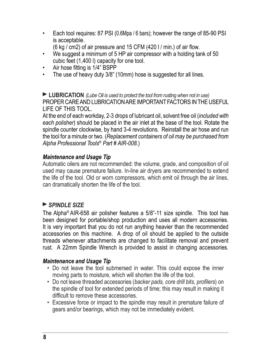 Alpha Tool.Com.HK Limited AIR-658 instruction manual Maintenance and Usage Tip, Spindle Size 