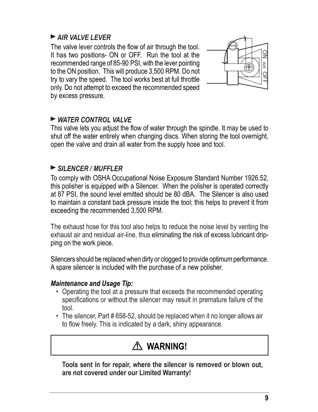 Alpha Tool.Com.HK Limited AIR-658 instruction manual AIR Valve Lever, Water Control Valve, Silencer / Muffler 