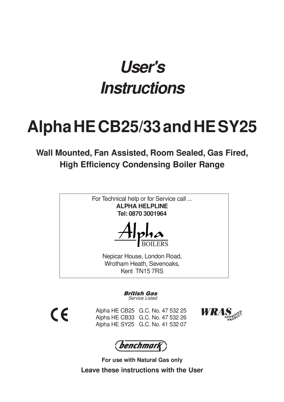 Alpha Tool.Com.HK Limited HE CB33, HE SY25 manual Users Instructions, Leave these instructions with the User 