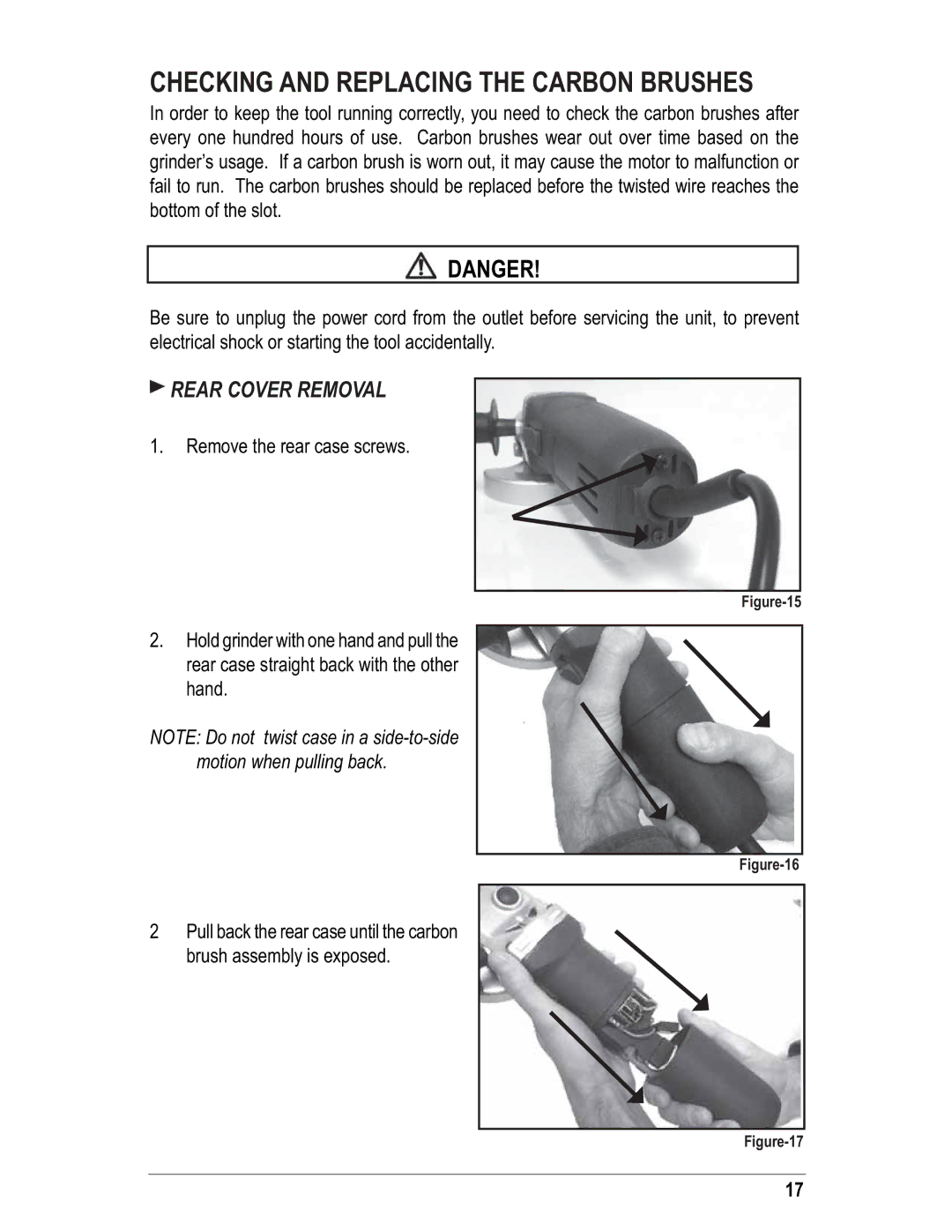 Alpha Tool.Com.HK Limited 225, hsg-125 instruction manual Checking and Replacing the Carbon Brushes, Rear Cover Removal 