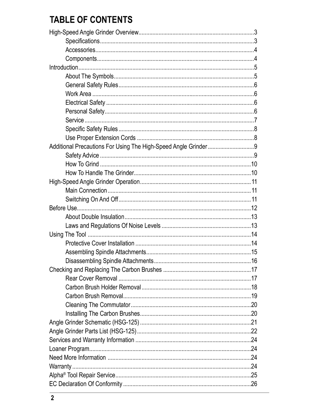 Alpha Tool.Com.HK Limited hsg-125, 225 instruction manual Table of Contents 