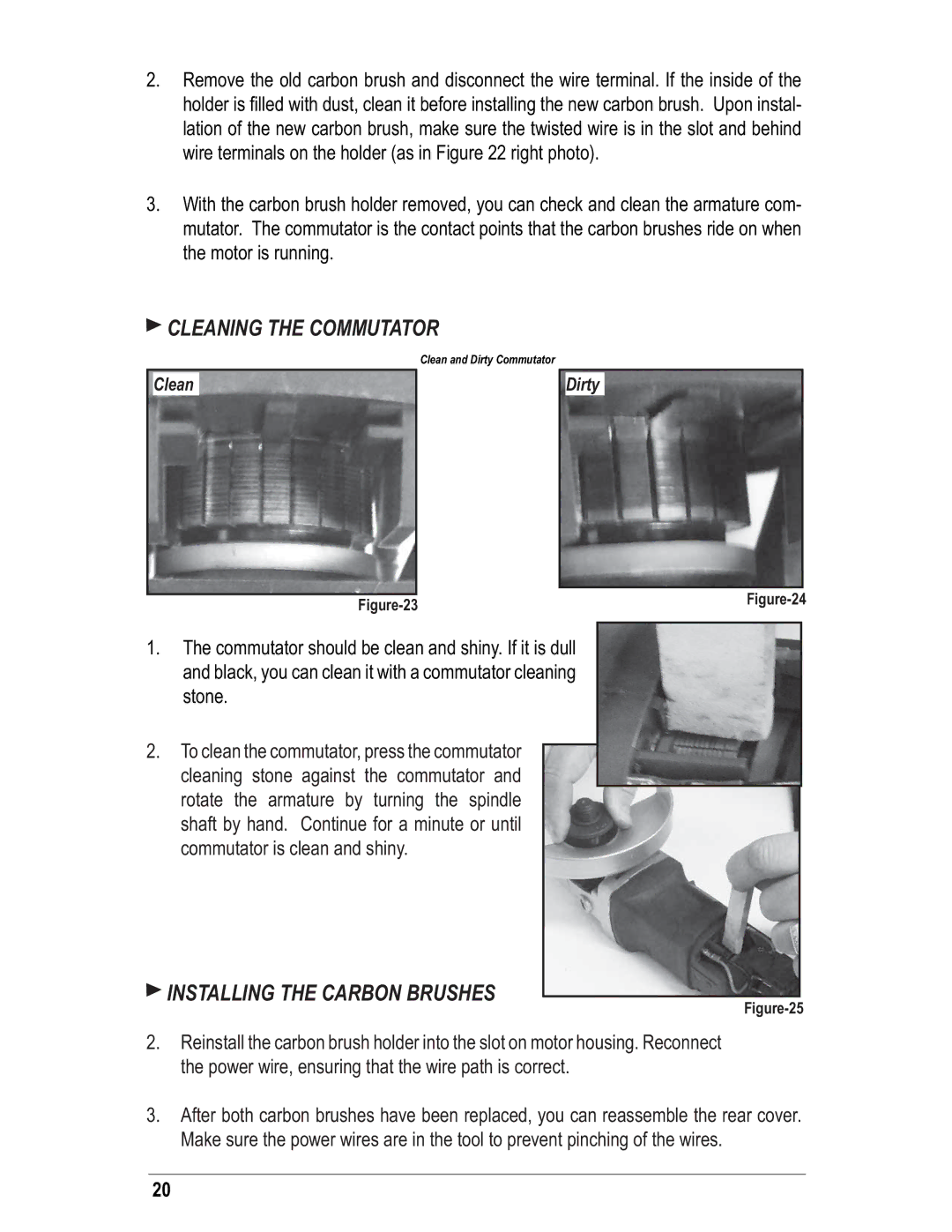 Alpha Tool.Com.HK Limited hsg-125, 225 instruction manual Cleaning the Commutator, Installing the Carbon Brushes 