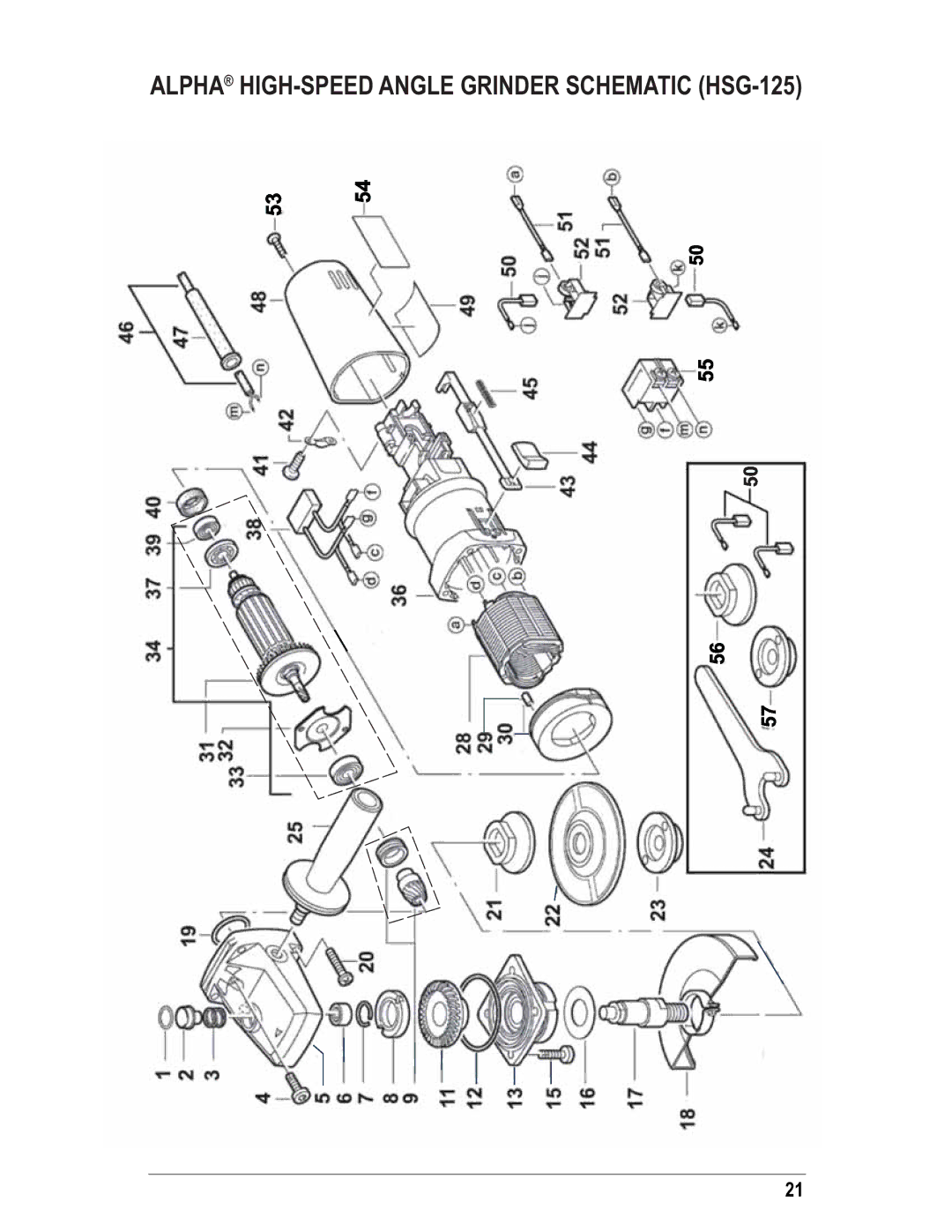 Alpha Tool.Com.HK Limited 225, hsg-125 instruction manual Alpha HIGH-SPEED Angle Grinder Schematic HSG-125 