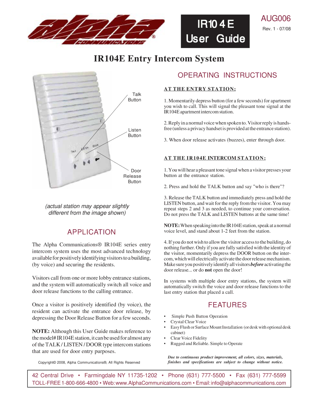 Alpha Tool.Com.HK Limited IR104E Series operating instructions IR104E User Guide, IR104E Entry Intercom System, AUG006 