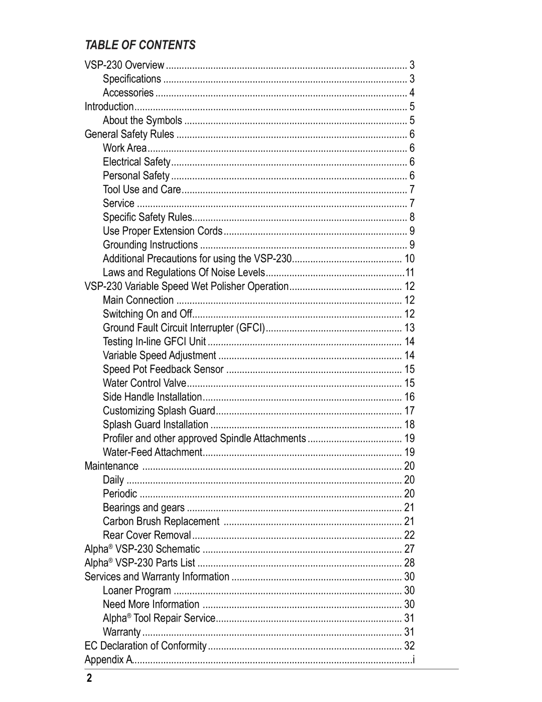 Alpha Tool.Com.HK Limited VSP-230 instruction manual Table of Contents 