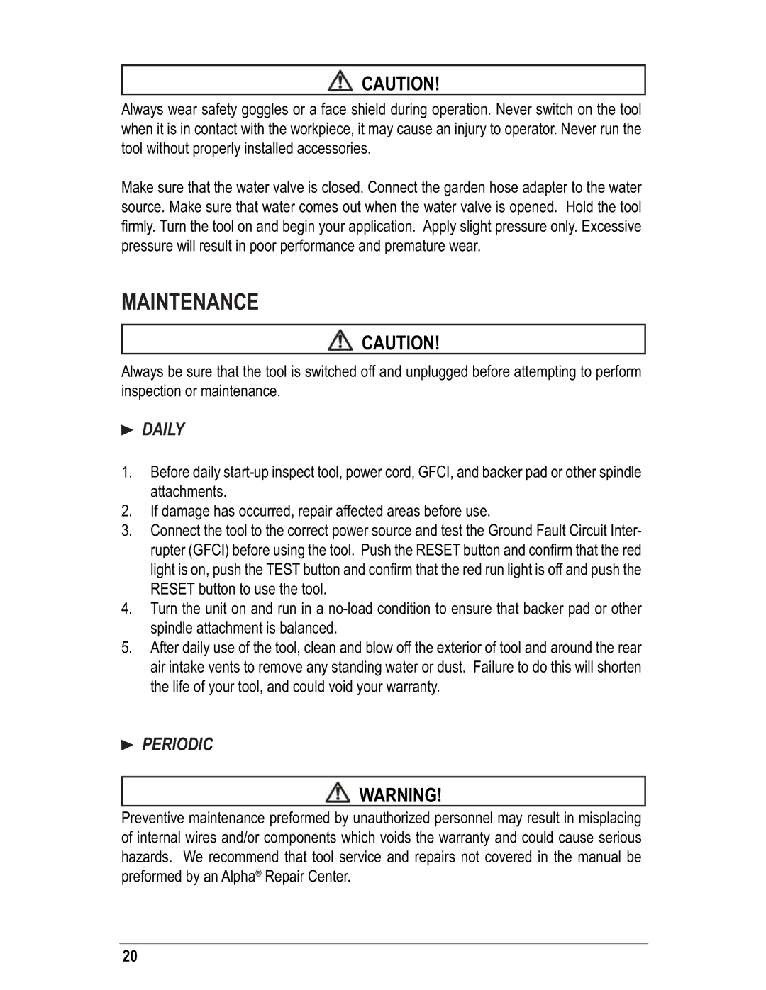 Alpha Tool.Com.HK Limited VSP-230 instruction manual Maintenance, Daily, Periodic 